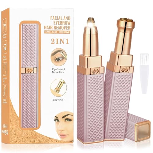 جهاز إزالة شعر الوجه للنساء LOPHE ومقص الحواجب، 2 في 1، جهاز إزالة الشعر القابل لإعادة الشحن، يشمل 2 رأس بديل، ماكينة حلاقة خالية من الألم، ماكينة حلاقة نسائية مقاومة للماء للوجه، الشفاه والجسم، وردي